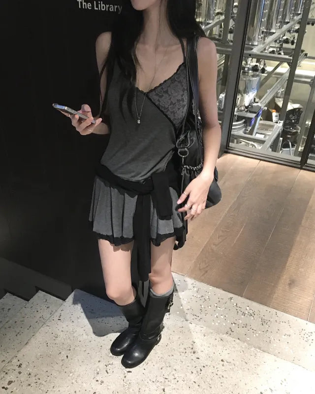 Lace拼布吊帶短裙 三色入