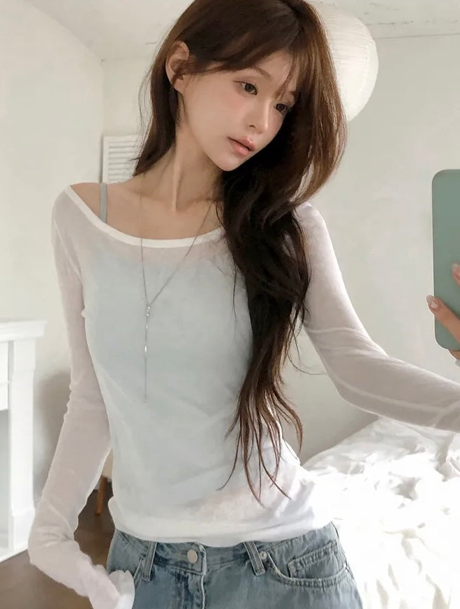 U領透透長袖Top 十三色入