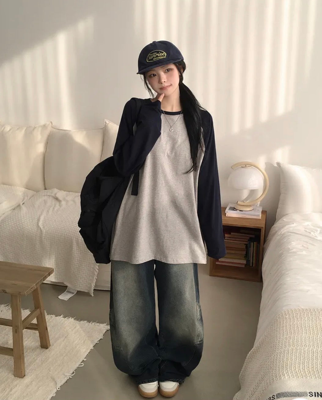 Oversize牛角插肩長袖Tee 五色入