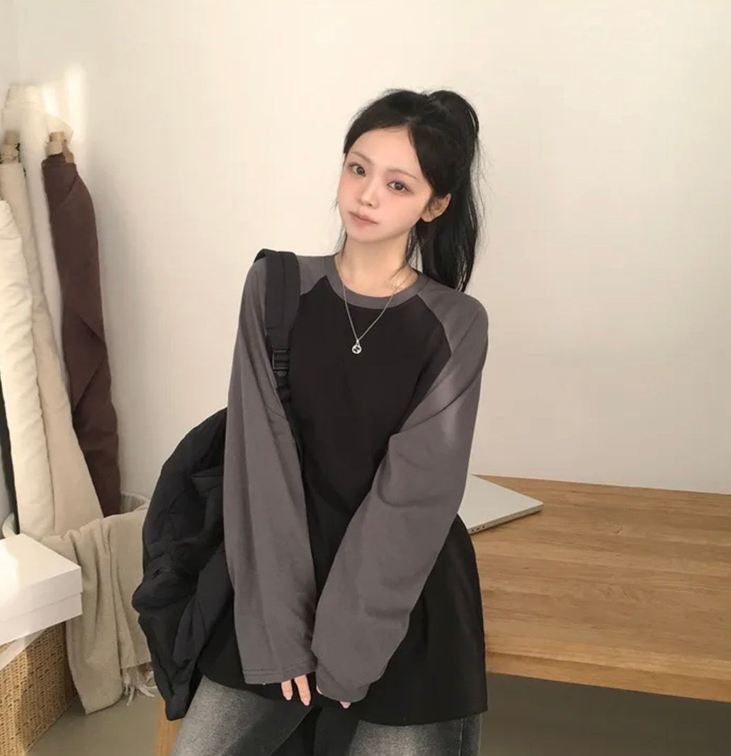 Oversize牛角插肩長袖Tee 五色入