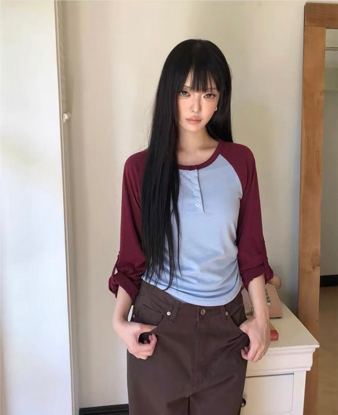 插肩鈕扣牛角Tee 四色入