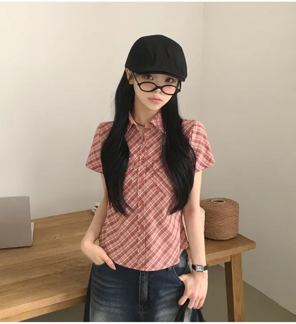 格仔鈕扣短恤衫 三色入