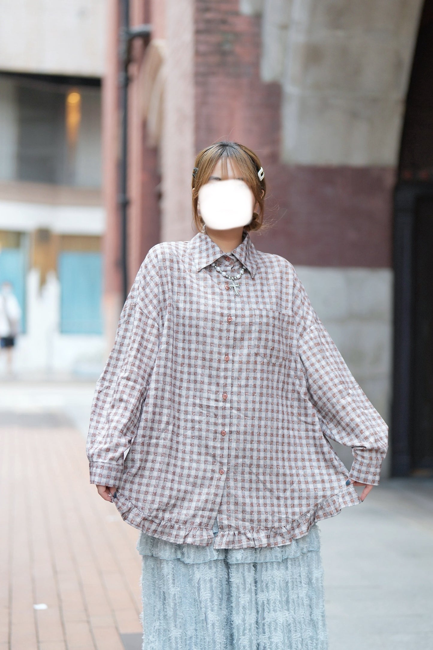 復古格紋ruffle襯衫 兩色入￼￼￼￼