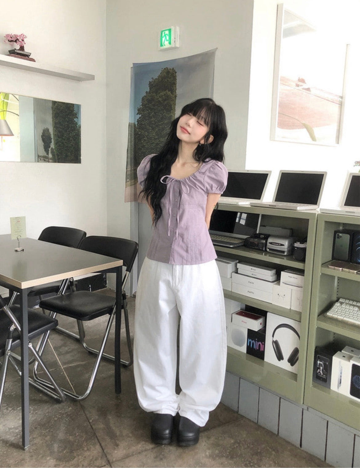 綁帶鈕扣修腰襯衫 四色入