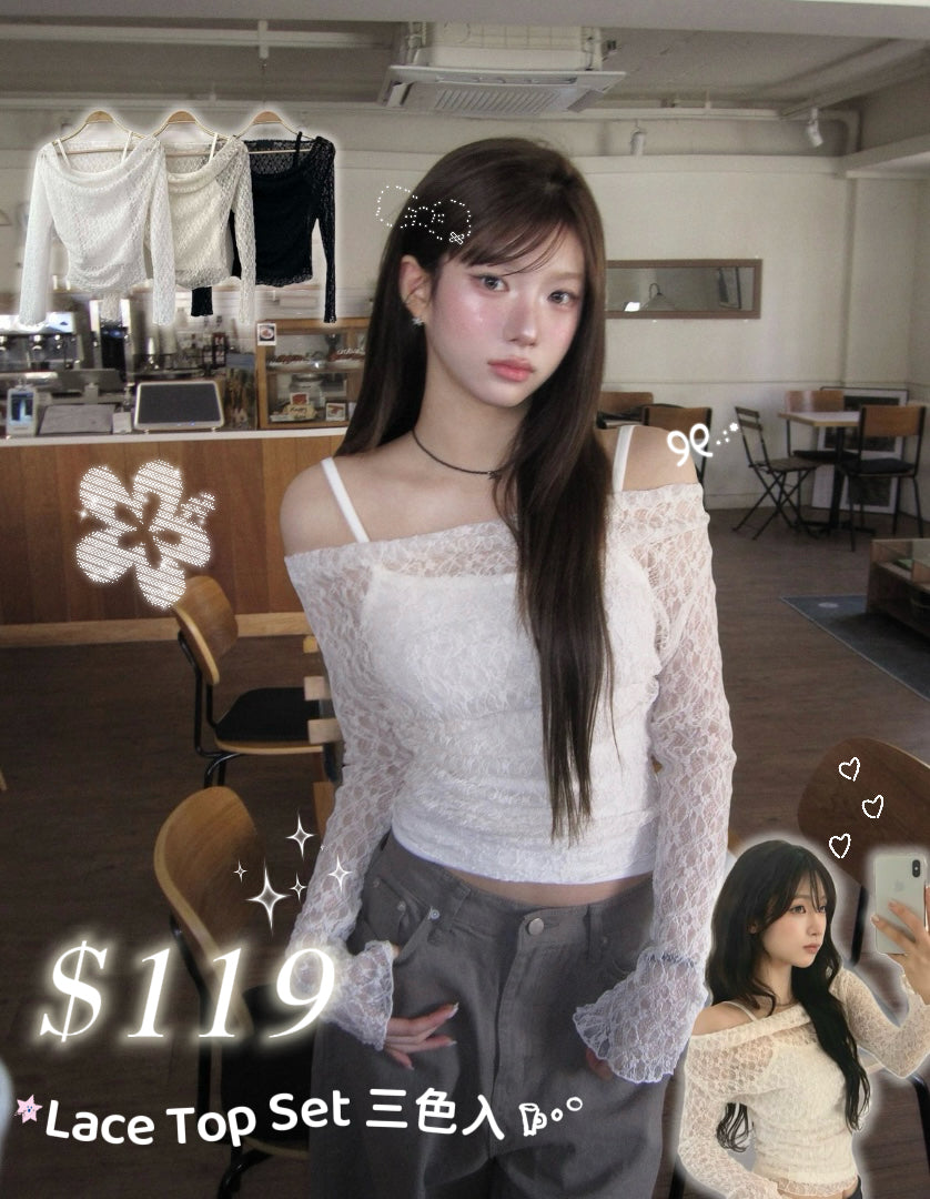 3月韓貨預訂95折☆ Lace Top Set三色入