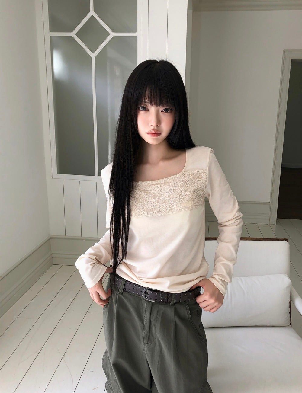 方領蕾絲拼接長袖 四色入